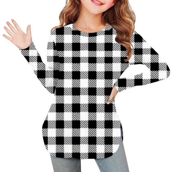 YUNAFFT Girls Long Sleeve Tops 4-14Y Plaid Side Slit Round Neck Blouses Casual Cotton-Like Stretchy Shirts