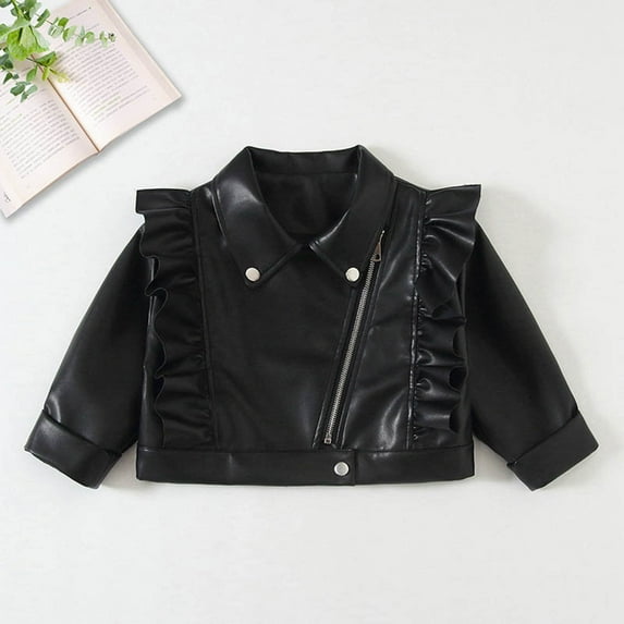 YUNAFFT Girls Motorcycle Jacket Casual Solid Color Open Front Lace Trim Chic 2-14Y