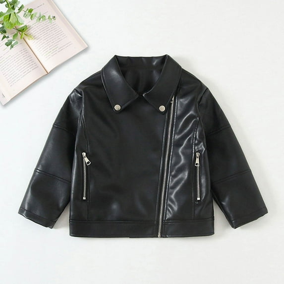 YUNAFFT Girls PU Leather Biker Jacket Solid Color Long Sleeve Hoodless Cool Casual Motorcycle Style Outerwear for Kids 2-14Y