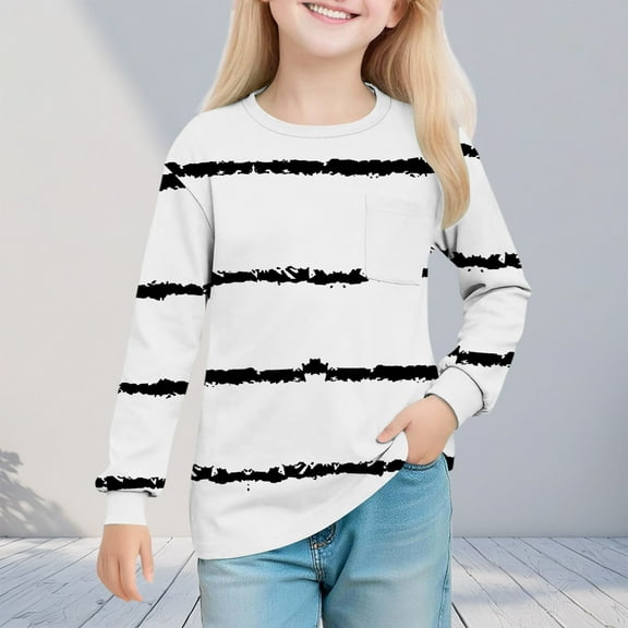 YUNAFFT Girls Striped Print Round Neck Long Sleeve Blouse Stretch Elastic Comfy Casual Top for 4-14Y