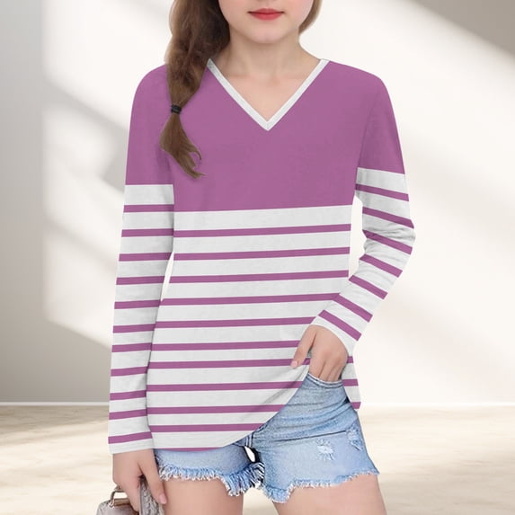 YUNAFFT Girls' V-Neck Long Sleeve Tops Collection - Classic Stripes Print Basic Tees