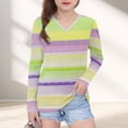 thumbnail image 1 of YUNAFFT Girls' V-Neck Long Sleeve Tops Collection - Colorful Stripes Stripes Print Basic Tees, 1 of 8