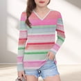 thumbnail image 1 of YUNAFFT Girls' V-Neck Long Sleeve Tops Collection - Colorful Stripes Stripes Print Basic Tees, 1 of 8