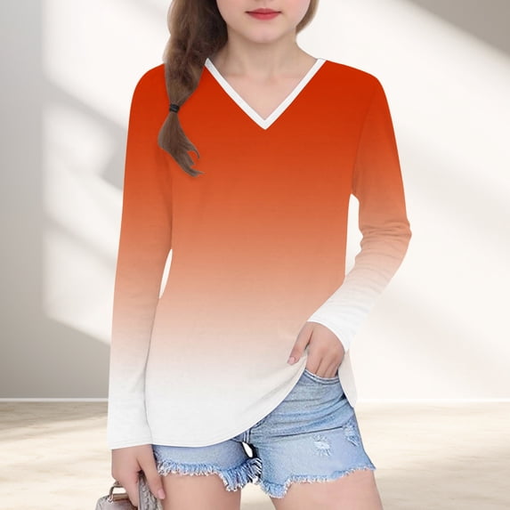 YUNAFFT Girls' V-Neck Long Sleeve Tops Collection - Ombre Print Basic Tees