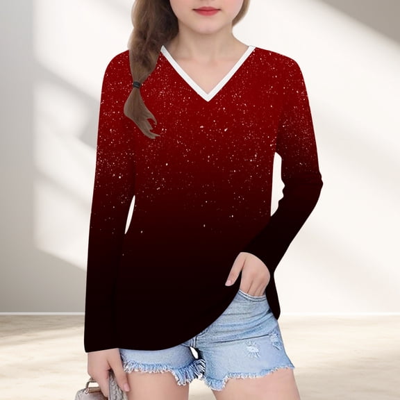 YUNAFFT Girls' V-Neck Long Sleeve Tops Collection - Ombre Print Basic Tees