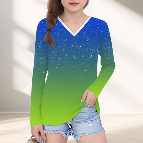 YUNAFFT Girls' V-Neck Long Sleeve Tops Collection - Ombre Print Basic Tees