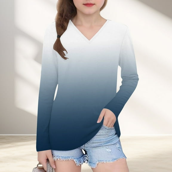 YUNAFFT Girls' V-Neck Long Sleeve Tops Collection - Ombre Print Basic Tees
