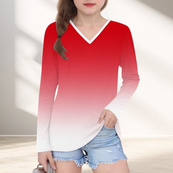 YUNAFFT Girls' V-Neck Long Sleeve Tops Collection - Ombre Print Basic Tees