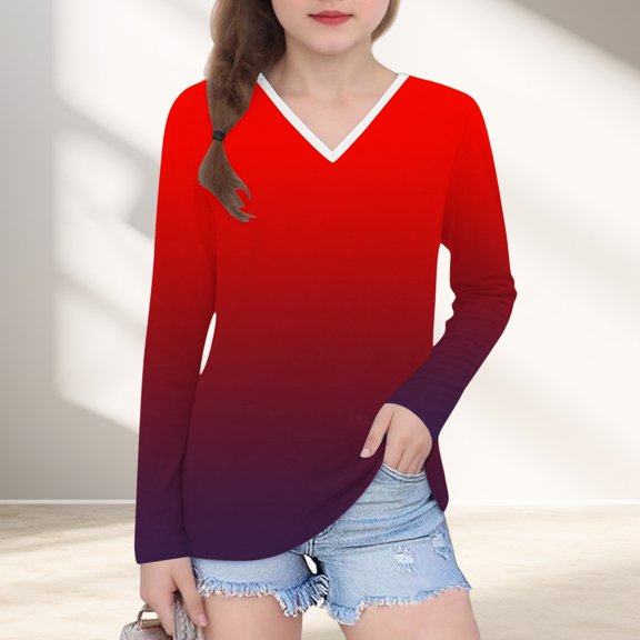 YUNAFFT Girls' V-Neck Long Sleeve Tops Collection - Ombre Print Basic Tees