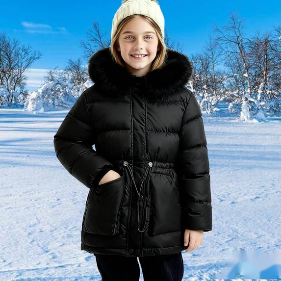 YUNAFFT Girls Winter Coat Thickened Windproof Hooded Parka with Faux Fur Trim Front Pockets for 2-14Y