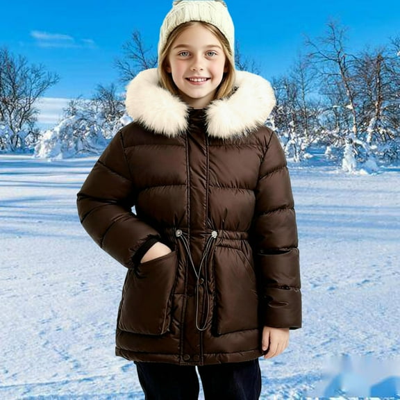 YUNAFFT Girls Winter Coat Thickened Windproof Hooded Parka with Faux Fur Trim Front Pockets for 2-14Y