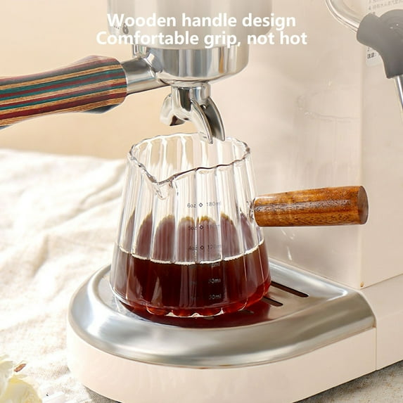 YUNAFFT Glass Measuring Cups with Spout,Borosilicate Glass Triple Pitcher with Scale,Origami Style Espresso Shot Glasses with Wood Handle for Coffee Milk,Dishwasher Safe