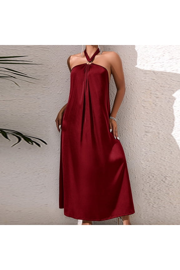 Halter Backless Satin Dress for Women Elegant Solid Color Slip Midi Dress with Deep Cutout