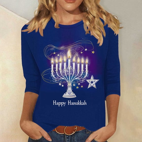 YUNAFFT Hanukkah Print 3/4 Sleeve T-Shirt for Women Casual Round Neck Loose Fit Holiday Top