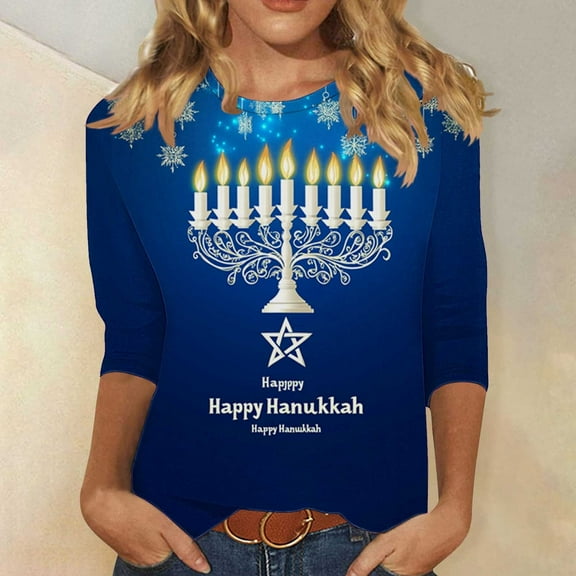 YUNAFFT Hanukkah Print 3/4 Sleeve T-Shirt for Women Casual Round Neck Loose Fit Holiday Top