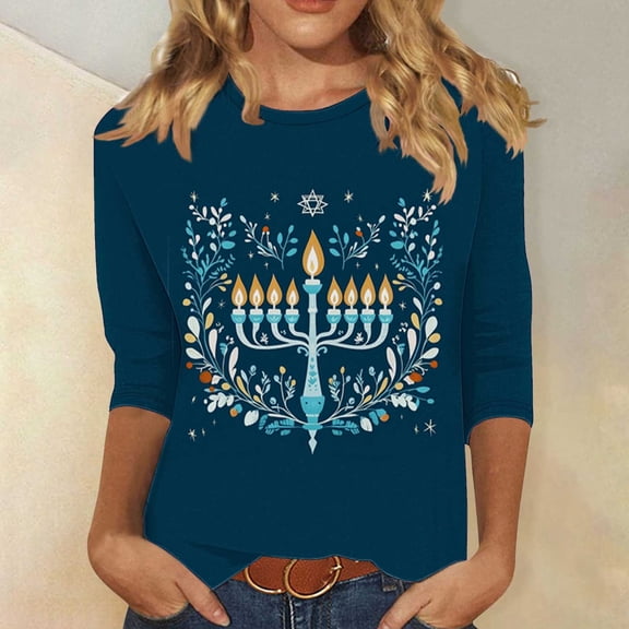 YUNAFFT Hanukkah Print 3/4 Sleeve T-Shirt for Women Casual Round Neck Loose Fit Holiday Top