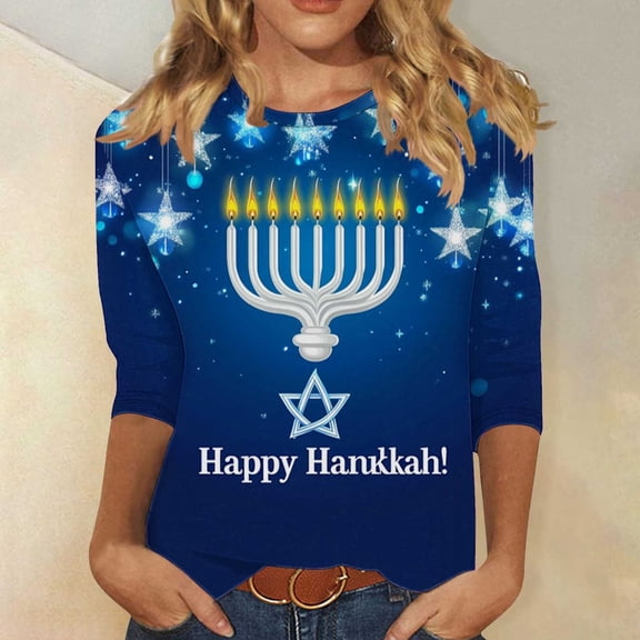 YUNAFFT Hanukkah Print 3/4 Sleeve T-Shirt for Women Casual Round Neck Loose Fit Holiday Top