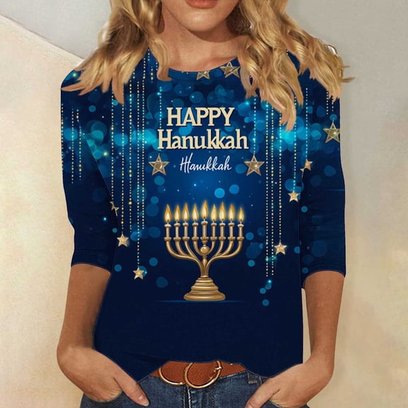 YUNAFFT Hanukkah Print 3/4 Sleeve T-Shirt for Women Casual Round Neck Loose Fit Holiday Top