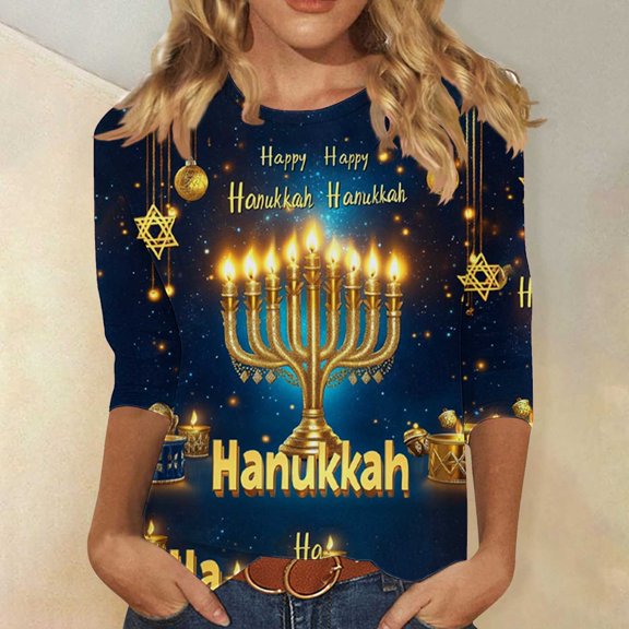 YUNAFFT Hanukkah Print 3/4 Sleeve T-Shirt for Women Casual Round Neck Loose Fit Holiday Top