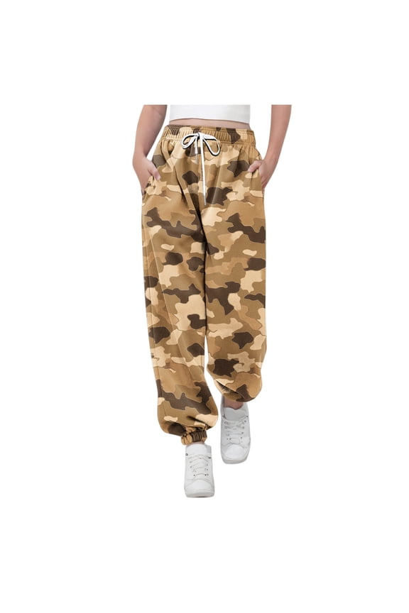 Kids Camo Joggers Elastic Waist Tapered Cuffs Drawstring Pants Military Urban Style