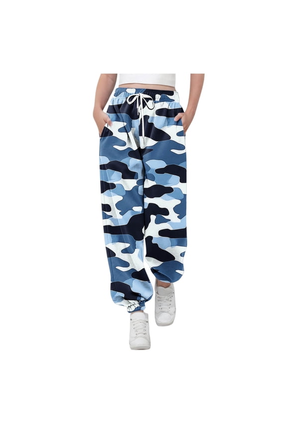 Kids Camo Joggers Elastic Waist Tapered Cuffs Drawstring Pants Military Urban Style