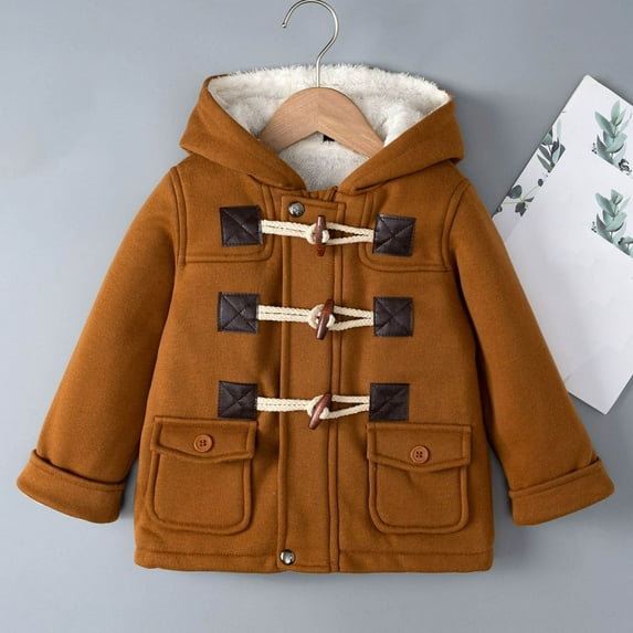 YUNAFFT Kids Fleece-Lined Winter Coat with Hood & Toggle Buttons for Boys & Girls 9M-10Y, Warm Solid Color Cotton Jacket Windproof Thermal Outerwear