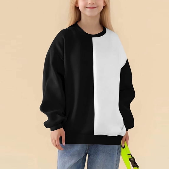 YUNAFFT Kids Fleece Sweatshirt 2-14Y Color Block Print Crewneck Pullover Warm Casual Outerwear