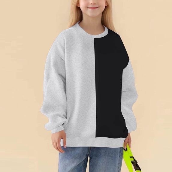 YUNAFFT Kids Fleece Sweatshirt 2-14Y Color Block Print Crewneck Pullover Warm Casual Outerwear