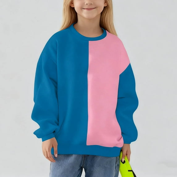YUNAFFT Kids Fleece Sweatshirt 2-14Y Color Block Print Crewneck Pullover Warm Casual Outerwear