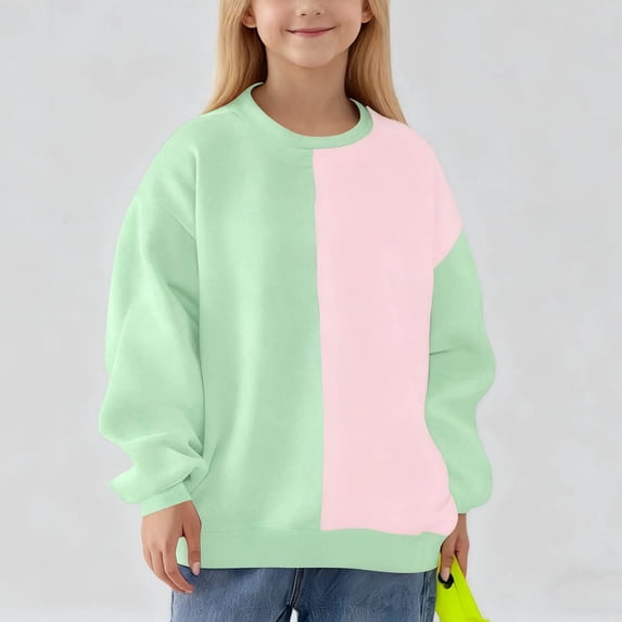 YUNAFFT Kids Fleece Sweatshirt 2-14Y Color Block Print Crewneck Pullover Warm Casual Outerwear