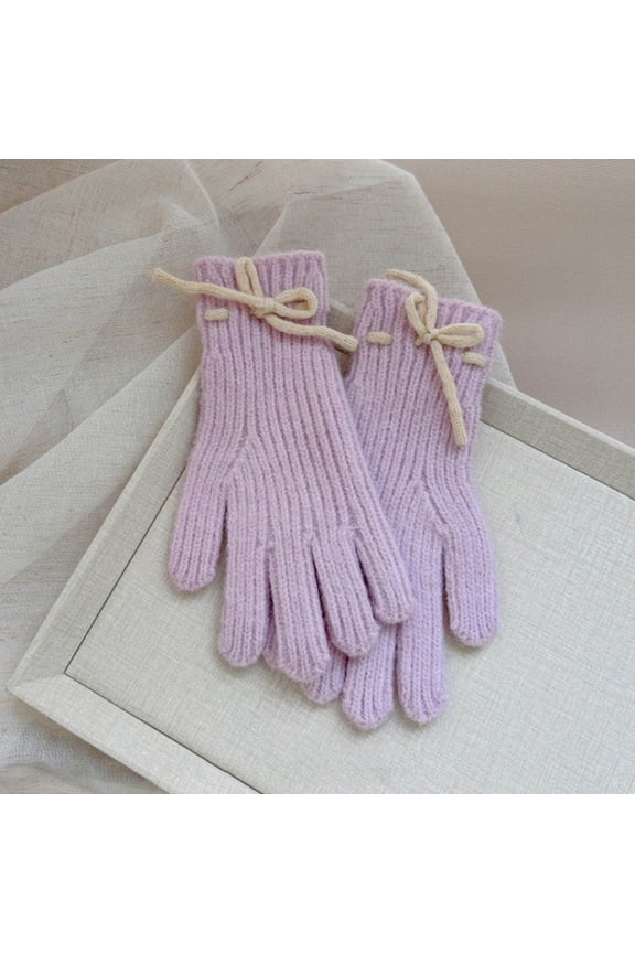Kids Solid Bow Gloves Five-Finger Touchscreen Warm Outdoor Winter Gloves for Boys and Girls