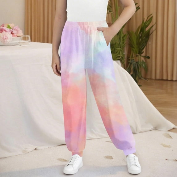 YUNAFFT Kids Tie-Dye Print Pants Elastic Waist Cuffed Ankles Casual Homewear for 3-15 Years