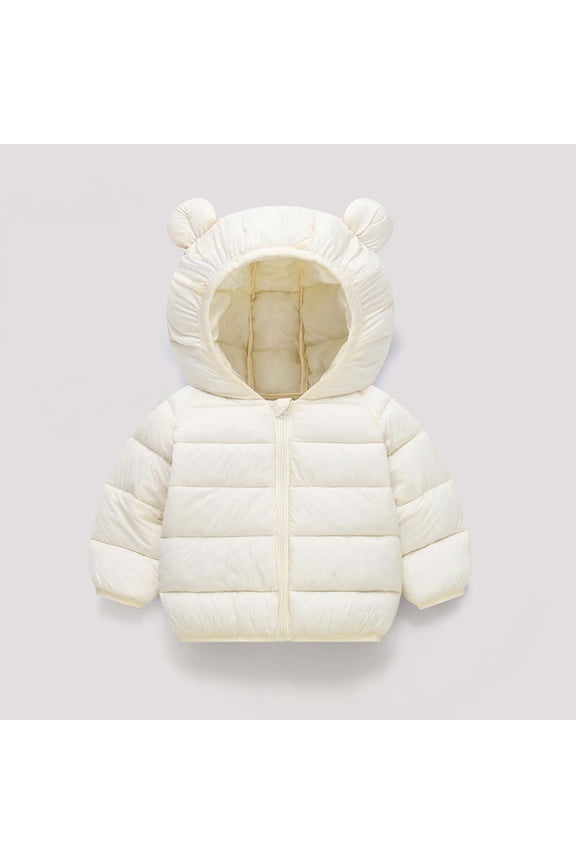 Kids Zip-Up Hooded Jacket Bear Ears Drop Shoulder Solid Color Cozy Winter Style