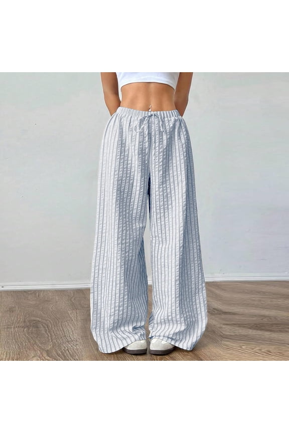 Lightweight Striped Drawstring Waist Casual Pants for Women with Side Pockets Crinkled Texture for Spring Summer Home Wear