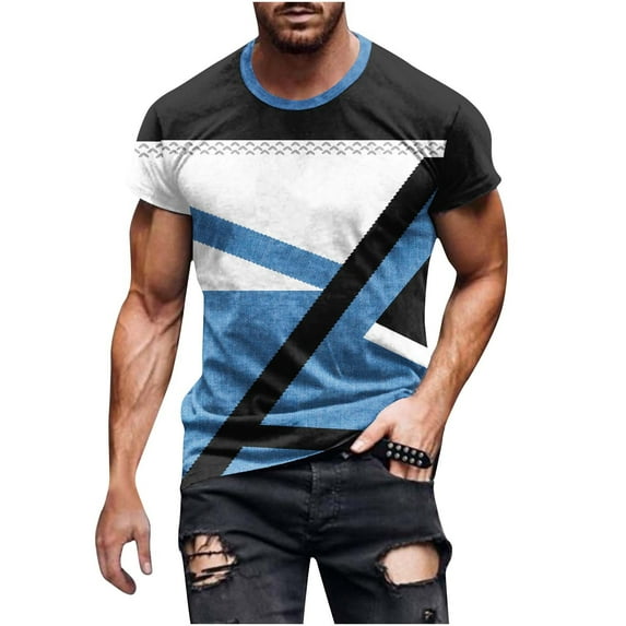 YUNAFFT Men Casual Round Neck Geometry Printing Pullover Short Sleeves T Shirt Contrast Color Blouse St. Parik's Day