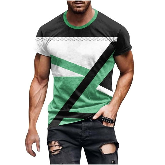 YUNAFFT Men Casual Round Neck Geometry Printing Pullover Short Sleeves T Shirt Contrast Color Blouse St. Parik's Day