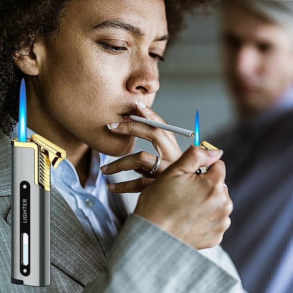 YUNAFFT Metal Slim Long Torch Lighter, Ultra Thin Butane Refillable Portable Lighters with Visible Gas Tank for Candle Camping Cigar Gift