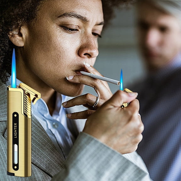 YUNAFFT Metal Slim Long Torch Lighter, Ultra Thin Butane Refillable Portable Lighters with Visible Gas Tank for Candle Camping Cigar Gift