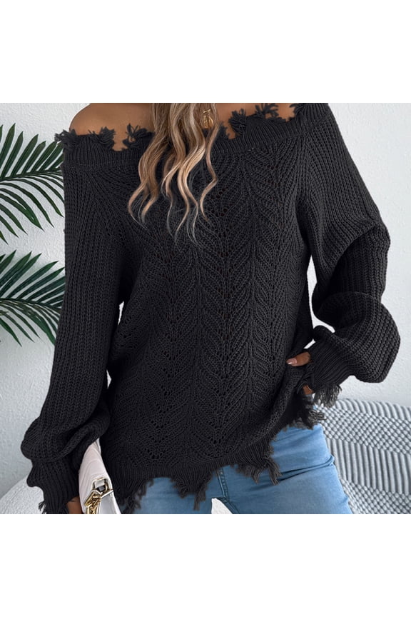 Off Shoulder Loose Fit Lace-Up Distressed Knit Sweater Casual Pullover Top for Women