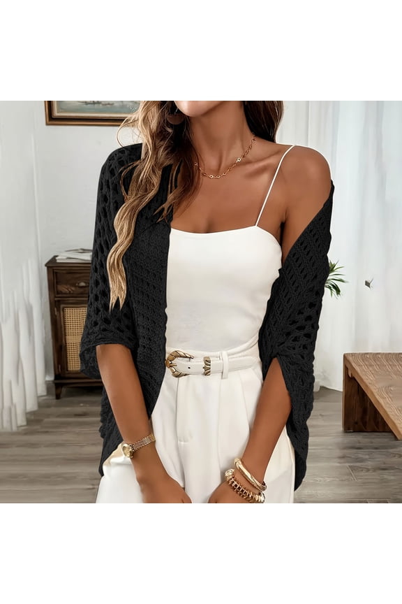 Openwork Knit Cardigan for Women Solid Color Lace Pattern Airy Cover-Up Casual Shrug