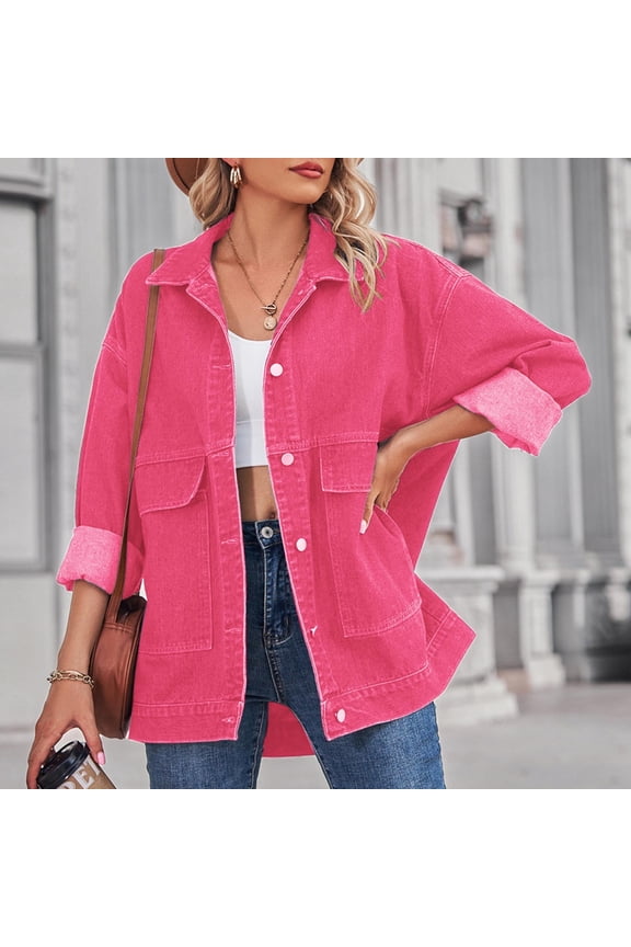 Relaxed Fit Retro Denim Jacket for Women Oversized Casual Distressed Coat with Classic Button Design