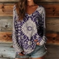 thumbnail image 1 of YUNAFFT Retro Print Top for Women V-Neck Long Sleeve Loose Fit Casual Blouse with Vintage Design, 1 of 3