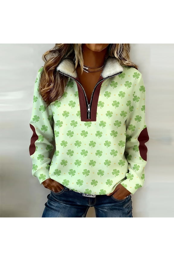 Saint Patrick's Day Color Block Half Zip Pullover Jacket for Women with Stand Collar Long Sleeve Casual Print Sweatshirt Outerwear