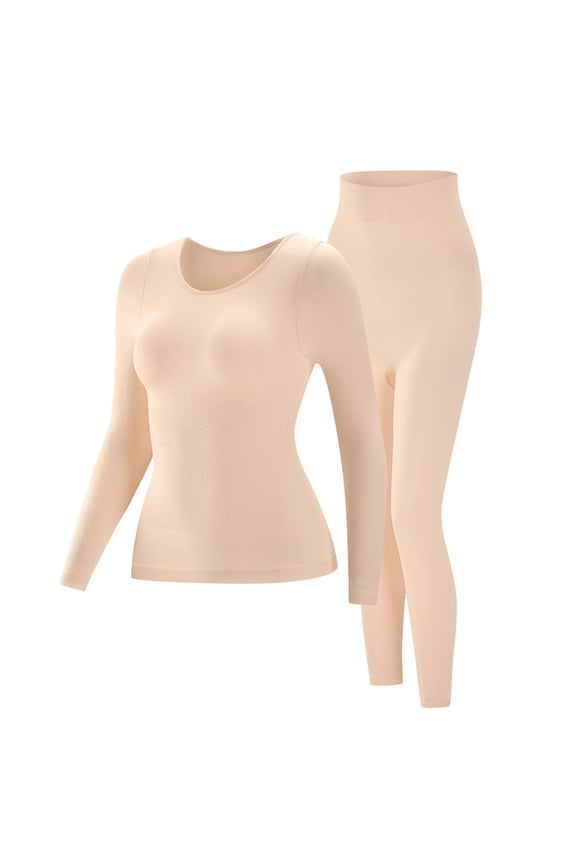 Seamless Thermal Lounge Set with Round Neck Long Sleeve Top and Pants for Women