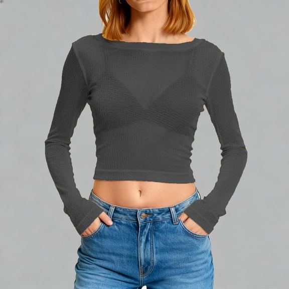 YUNAFFT Sheer Lace Long Sleeve Round Neck Cropped Top with Glitter Thread Cut Out Design Slim Fit Pullover for Women