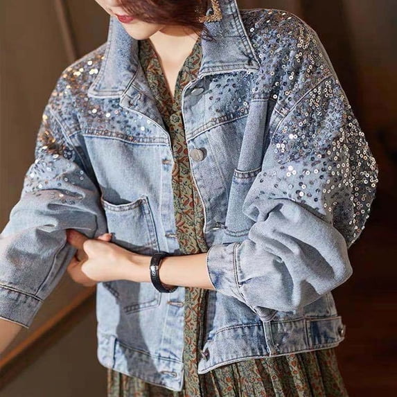 YUNAFFT Shimmer Detail Stretchy Denim Jacket for Women Long Sleeve Slim Fit Casual Chic Outerwear