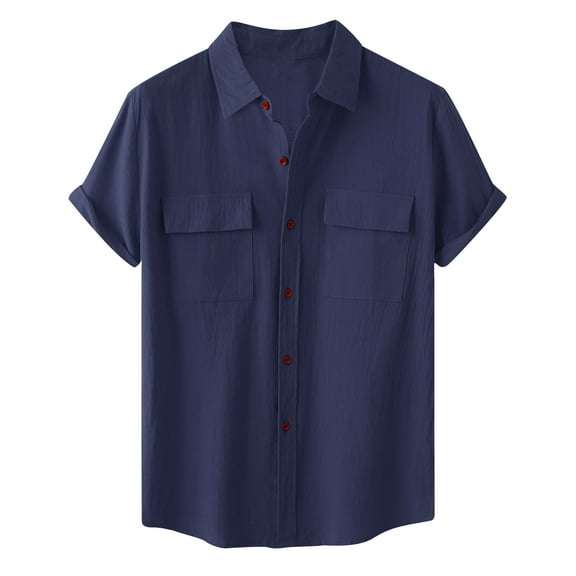 Babysbule Shirts for Men Men Casual Solid Buttons Beach Double Pocket Turndown Short Sleeve Shirt Blouse