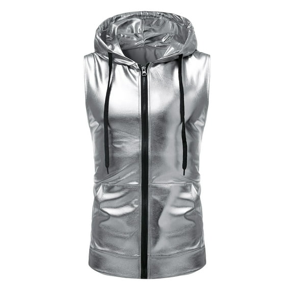 Babysbule Shirts for Men Men Casual Solid Hooded Sweatshirt Bright Hooded Drawstring Zip Tank Top Sleeveless Blouse