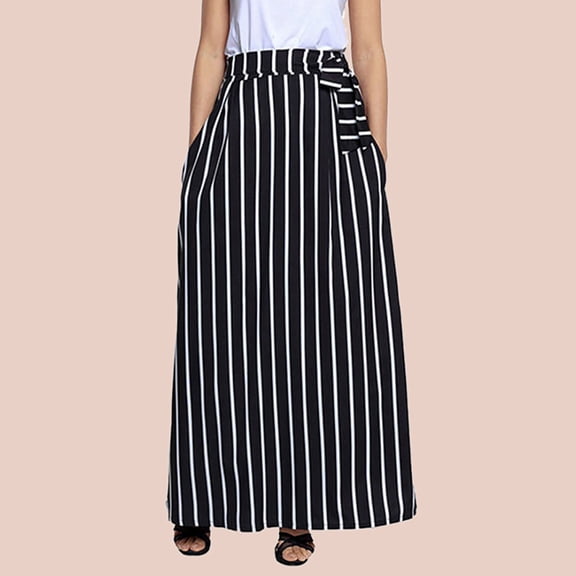 Babysbule Skirt for Women Plus Size Women Casual Striped Ankle-length Chiffon Lace-Up Vintage Long Skirt