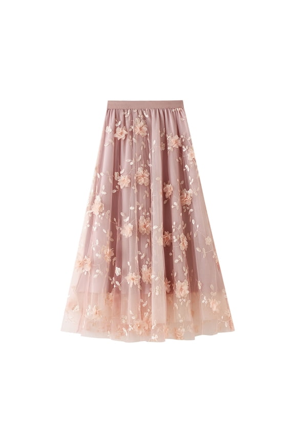 Skirt for Women Plus Size Women's Long Tulle Tutu Skirt 3D Flower Embroidery Solid Color High Waist Mesh Midi Swing Skirt